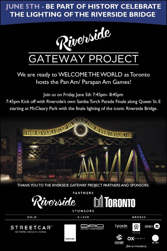 Invitation for the July 5th, 2015 Riverside Gateway Bridge Project Launch celebration, which includes project community supporters like BMO