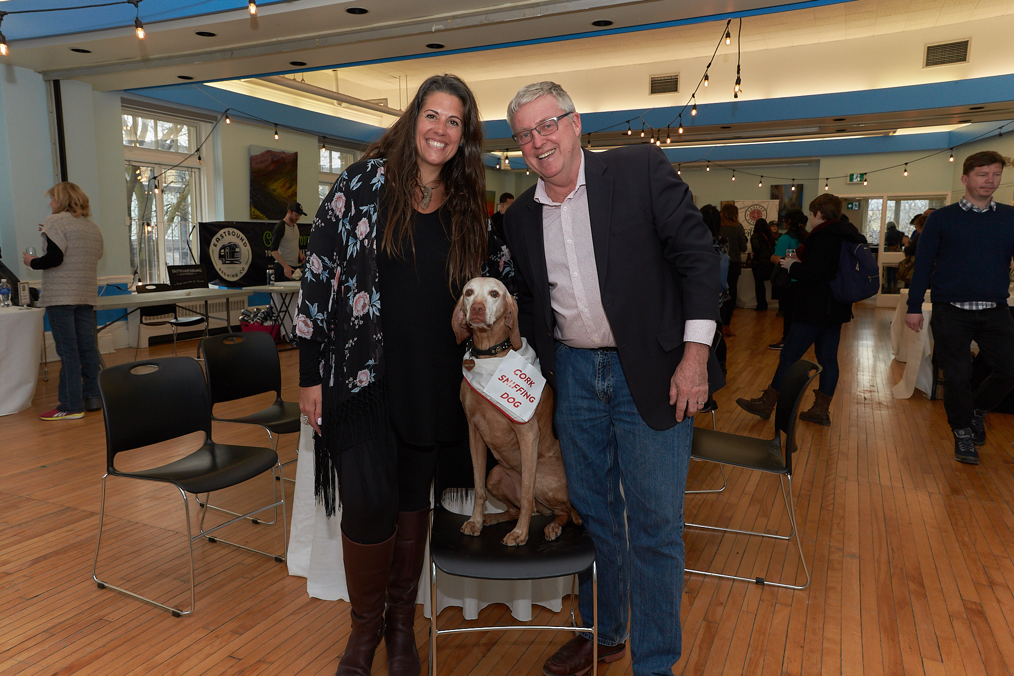 Apr 7th Riverside Wine &amp; Craft Beer Expo 2018 -Megan from Sponsor Team Sheppard Re/MAX Hallmark and John from the Ralph Thornton Community Centre - with Copper at middle (photo: PAWELECPhoto)