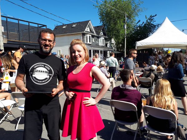 Our local Broadview main stage team: audio guy Anthony with MC Kristin (photo credit: Jennifer Lay, Riverside BIA)