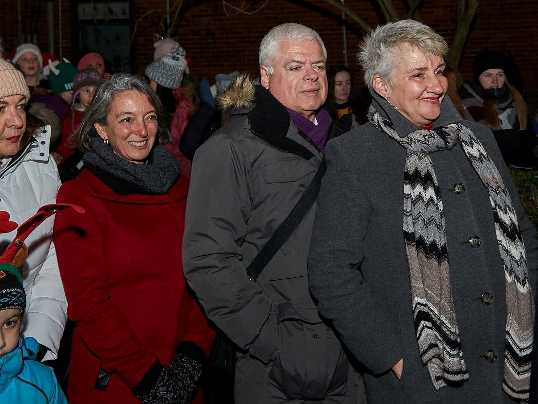 (Left to Right) Elected officials MP Julie Darbusin, MPP Peter Tabuns and Councillor/ Riverside BIA Board Member Paula Fletcher, Light Up Riverside, Toronto, 2019