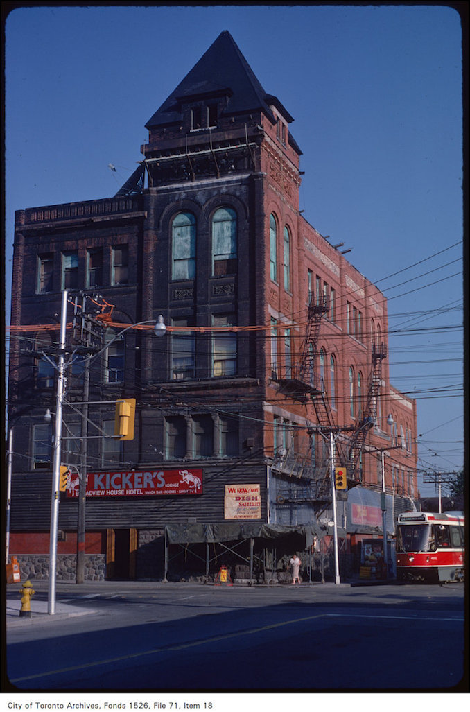In 1983 Kicker's the nighclub occupied what is now The Broadview Hotel. Photo Creator: Harvey R. Naylor, Date: August 31, 1983, Archival Citation: Fonds 1526, File 71, Item 18, Credit: City of Toronto Archives, www.toronto.ca/archives, Copyright was transferred to the City of Toronto by the copyright owner.