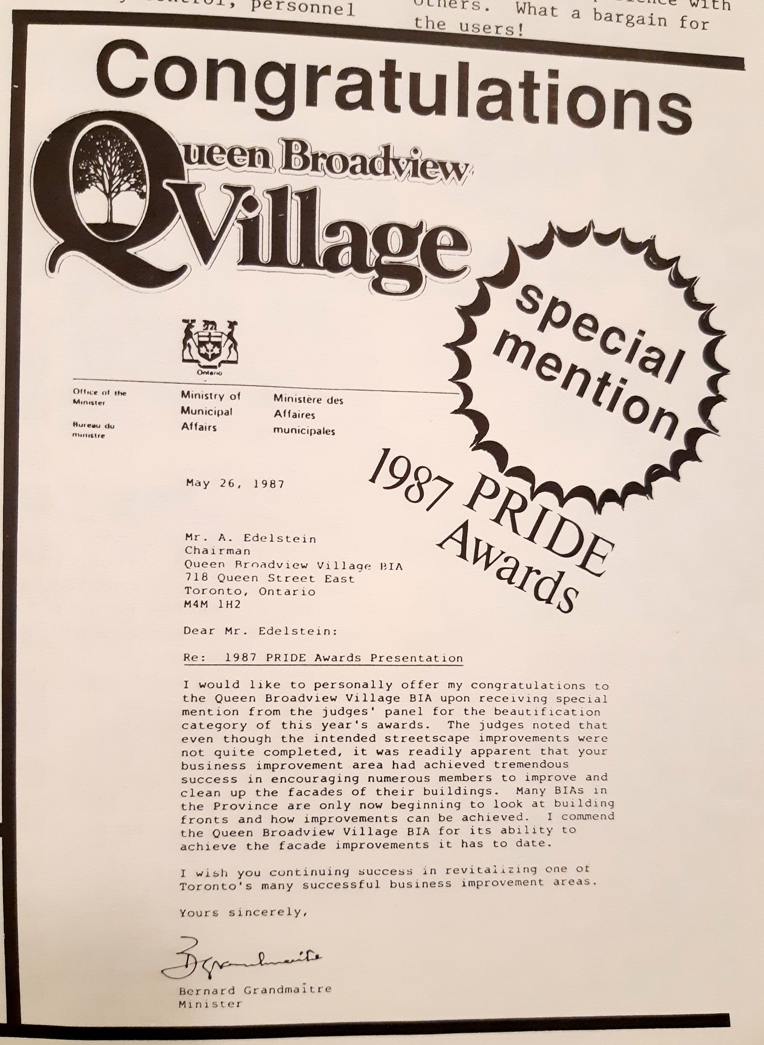 Queen-Broadview Village received an honourable mention from the Toronto BIA Association (TABIA) in 1987 for streetscape improvements in TABIA's July 1987 Edition of 'The Storefront' newsletter, Toronto.