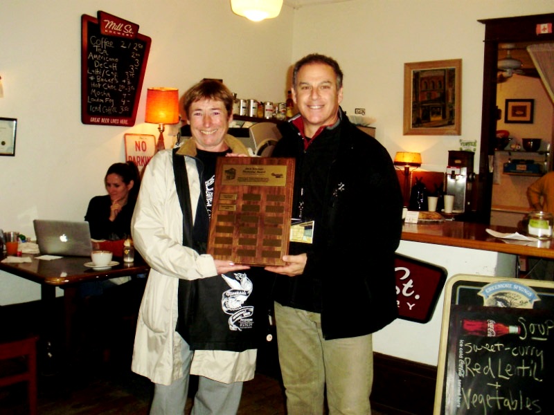 Lynne Patterson is awarded in 2013 with the Jack Korman Memorial Award by Mitch Korman, Riverside BIA Chair, and son of Jack Korman