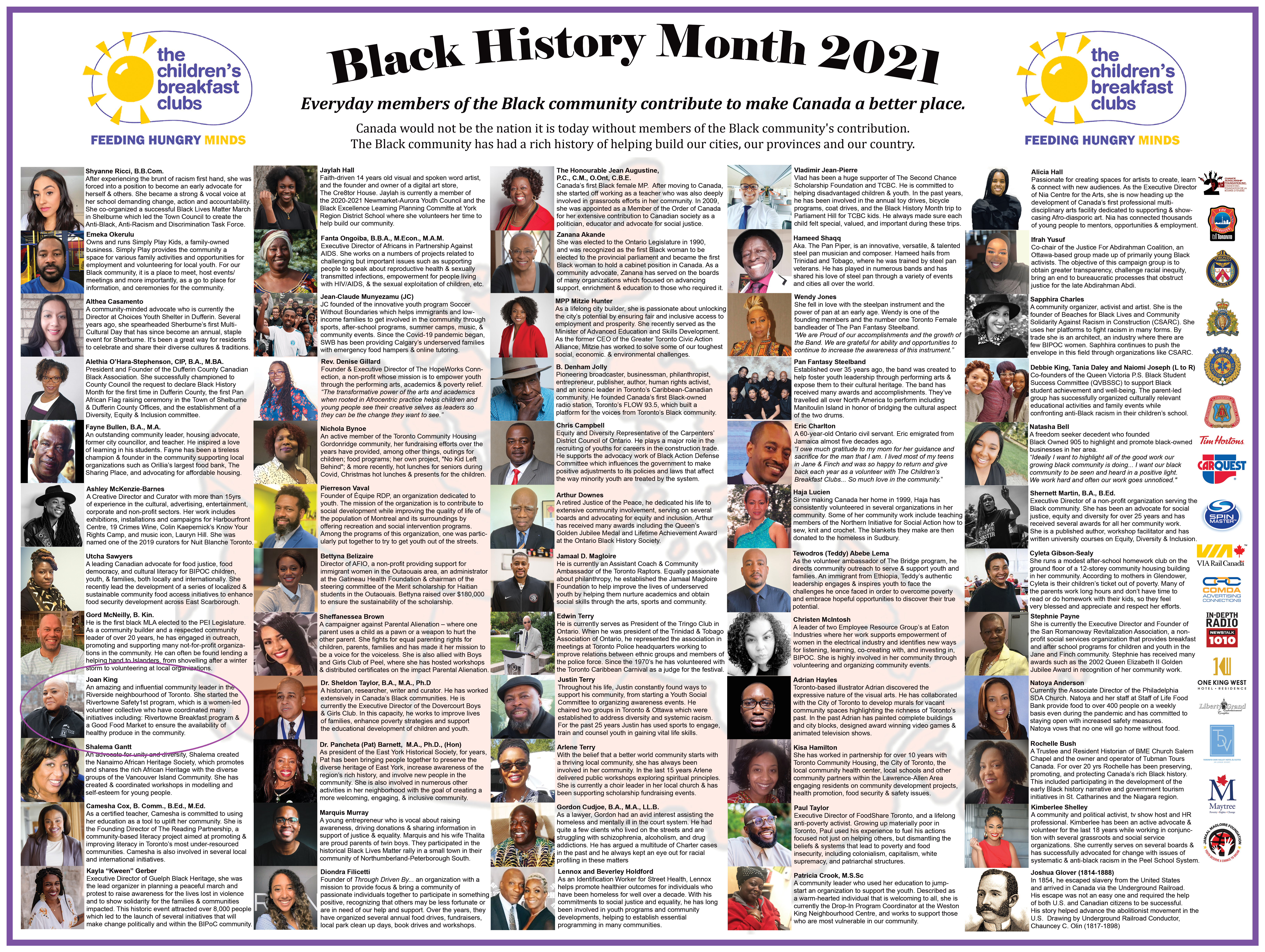 Calendar from the Children's Breakfast Clubs of Canada featuring community members Black History Month 2021, Joan King is in the first column