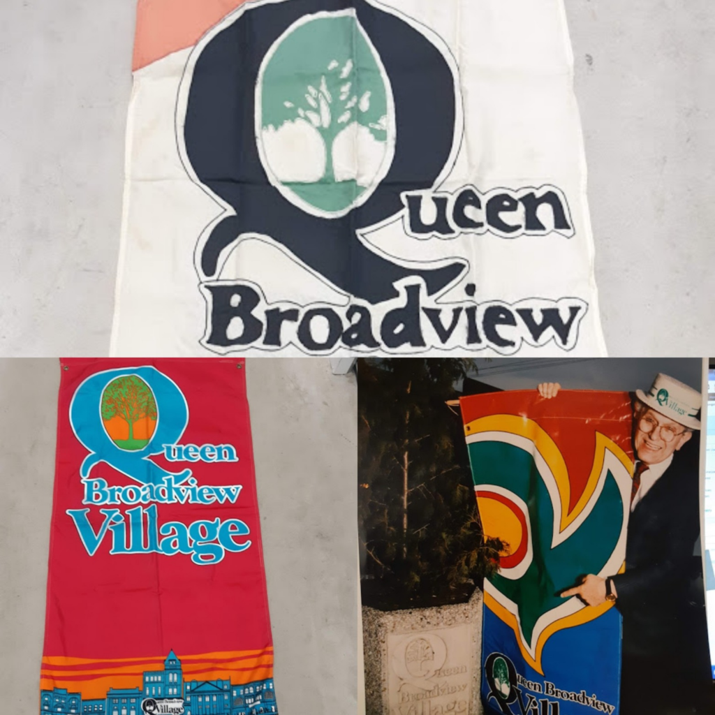 Examples of branding of the Queen-Broadview Village BIA (now Riverside BIA) from the 1980s and 90s