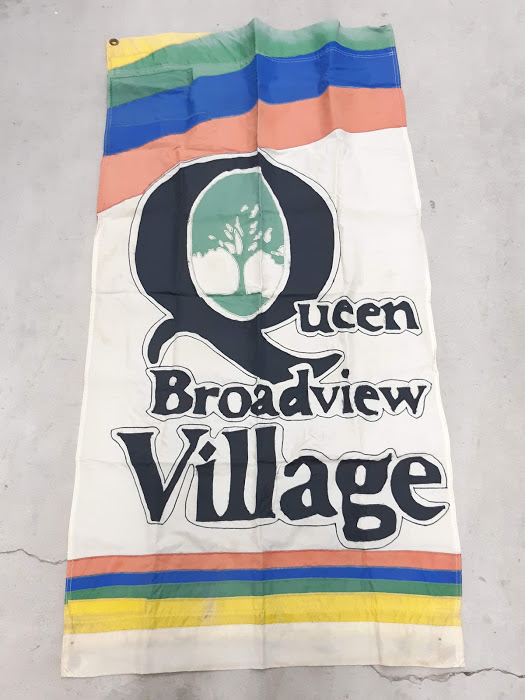 A hydro pole banner from the 1980s from the Queen Broadview Village BIA (renamed to Riverside BIA in 2004)