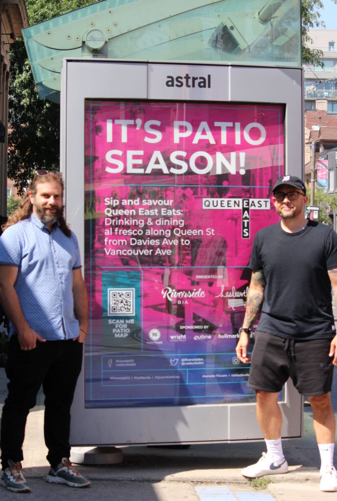 Jason Friesen of Outline Financial (at right) with Jamie Zeldin of Hullmark (left) - two community supporters of the Queen East Eats programme in Riverside and Leslieville BIAs